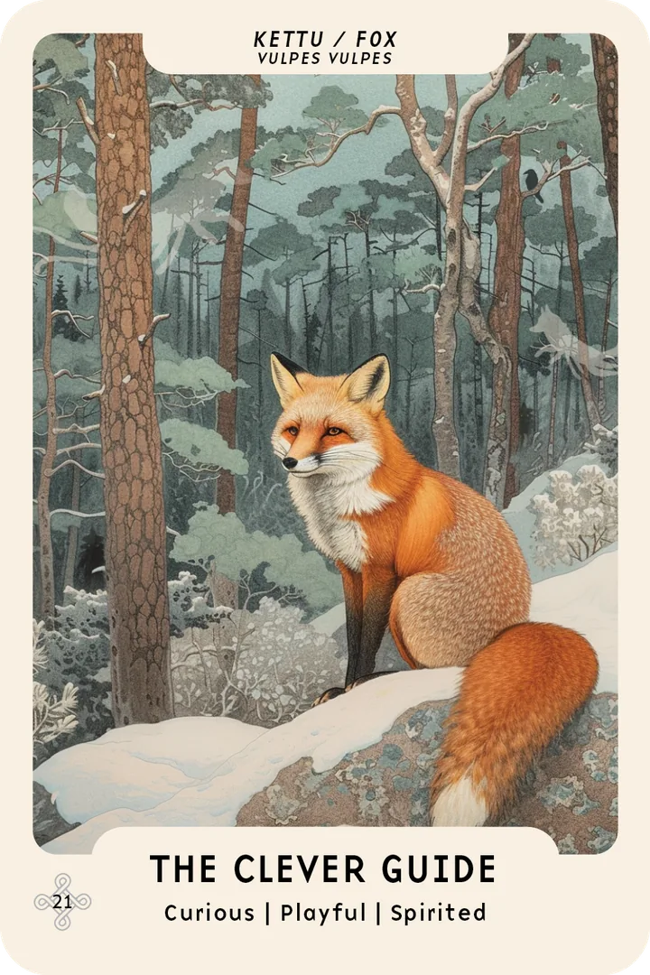 Fox oracle card: a red fox sits on a snowy rock in a winter pine forest