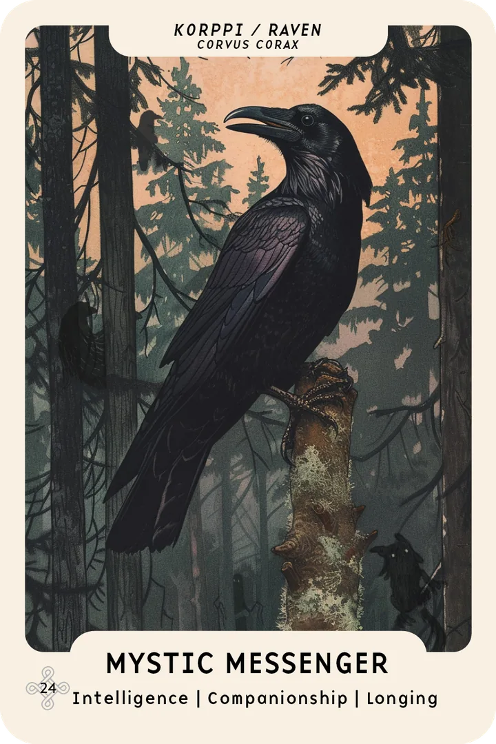Raven oracle card: a raven perched on a dead tree in a dusky spruce forest