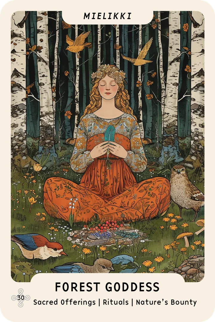 Mielikki oracle card: the forest goddess sits in a birch forest surrounded by birds